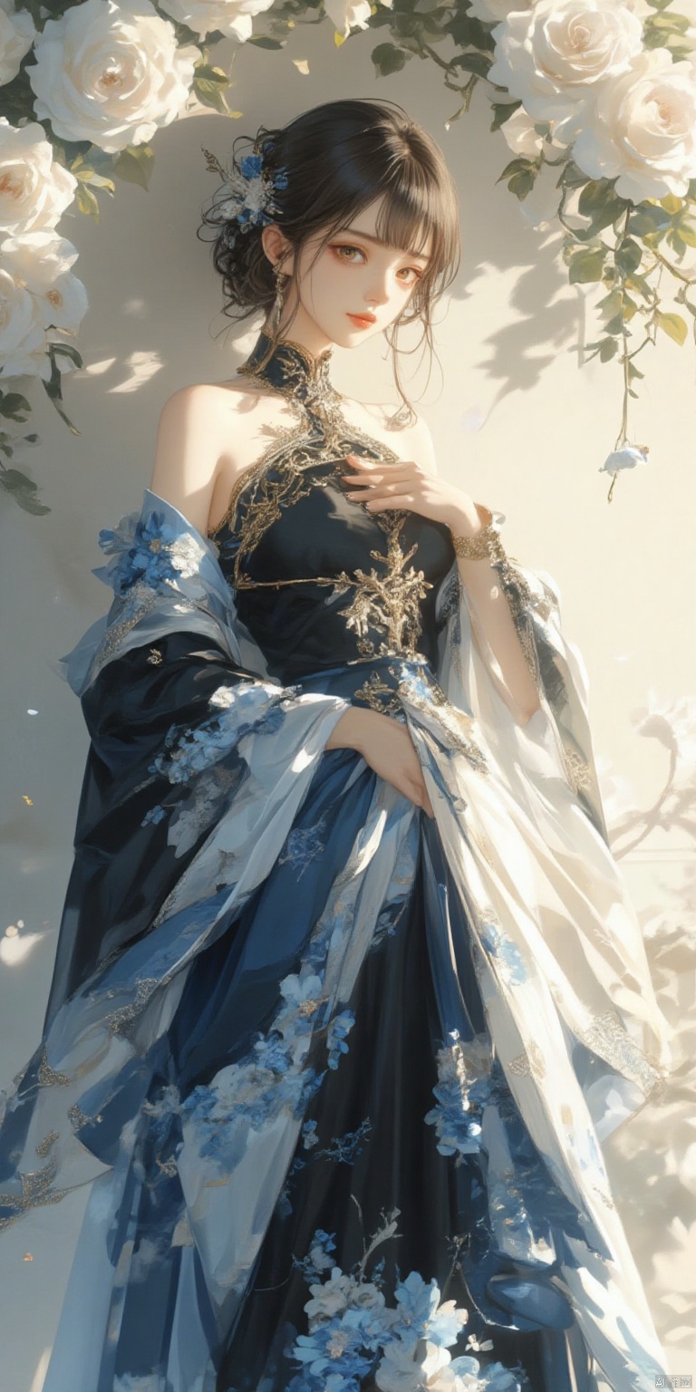 XLDMHF
a medium-sized portrait of a woman in a black and white dress adorned with gold embroidery stands in front of a backdrop of white roses. The woman's dress is adorned with a long flowing blue skirt adorned with blue and white flowers adding a touch of color to the scene. The backdrop is a cream-colored wall adorned with white roses adding depth to the composition.,