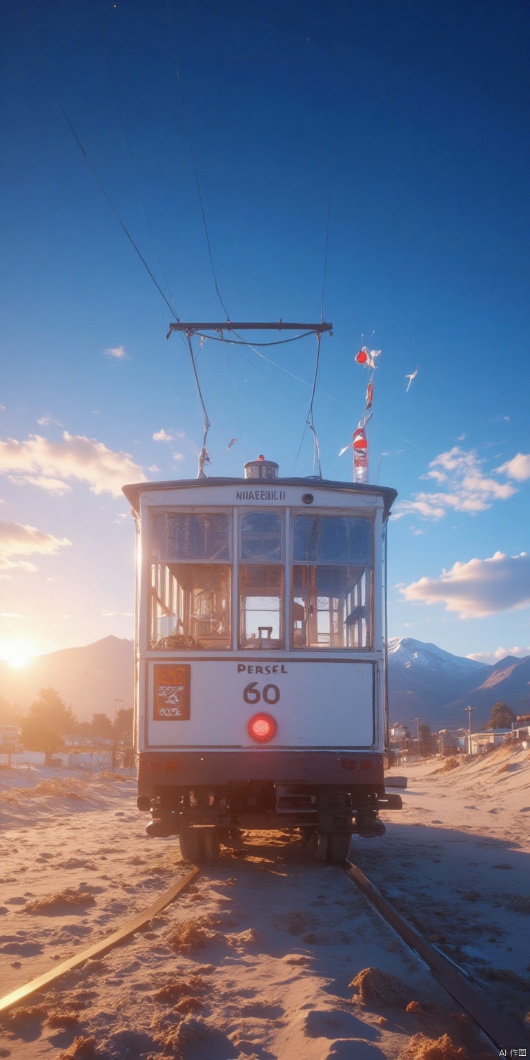XLDMHF
tCaptured at eye-level on a vibrant day

a trolley car is parked on a sandy beach. The trolley is adorned with a white roof and a red light

adding a pop of color to the scene. The sky is a deep blue

with a few wispy clouds in the upper right corner of the frame. The sun is setting

casting a soft glow on the left side of the image. In the distance

a mountain range can be seen

its silhouette against the horizon.

