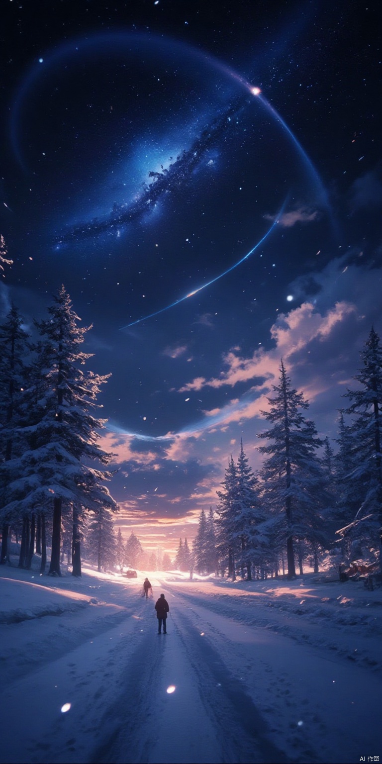 XLDMHF
the night sky is filled with stars and a rainbow. The sky is a deep black

with a few wispy clouds in the upper right corner of the frame. In the foreground

a few people are standing on the snow-covered ground

their shadows cast on the ground. The trees in the background are covered in snow

adding a touch of color to the scene.

