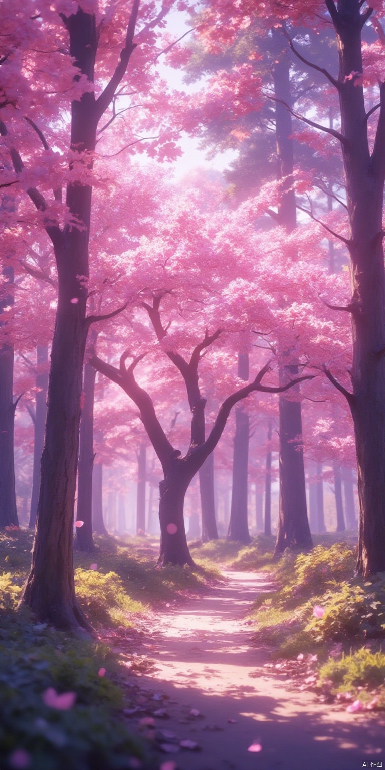 XLDMHF
a vibrant pink cherry blossom tree stands in the middle of a forest. The tree's branches are spread wide

adding a pop of color to the scene. The leaves of the tree are a vibrant shade of pink

while the branches are a darker shade of green. The ground beneath the tree is covered in lush green grass

and there are a few small bushes scattered around the tree. The sun is shining through the trees

creating a soft glow on the tree's leaves.

