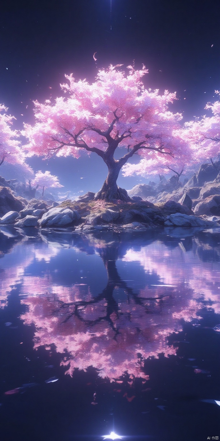 XLDMHF
a cherry blossom tree stands in the middle of a pond. The tree's branches are a vibrant shade of pink

adding a pop of color to the scene. The pond is a dark shade of blue

reflecting the tree's reflection on the surface of the water. There are a few rocks and boulders in the pond

adding depth to the composition. In the background

a white wall can be seen

with a light shining on the tree.


