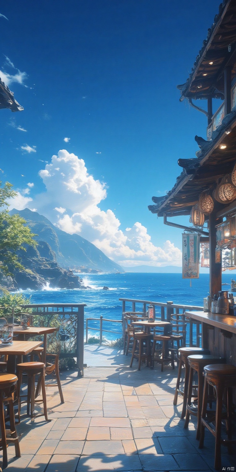 XLDMHF
a view of the ocean from a restaurant's patio. The patio is made up of brown wooden stools

with a wooden table on the left side of the image. On the right of the patio

there is a wooden bar with a brown wooden table and brown stools on the right side. The restaurant's walls are adorned with a variety of Asian characters

adding a touch of color to the scene. The ocean is a vibrant blue

with white clouds in the distance. The sky is a deep blue

dotted with a few wispy clouds.

