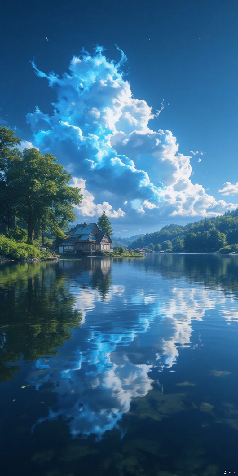 XLDMHF
Captured at eye-level

a medium-angle view of a lake with a house on the left side of the frame. The house is surrounded by lush green trees

and the reflection of the house can be seen in the water's surface. The sky is a deep blue

with a few wispy white clouds scattered across it

adding a touch of color to the scene.

