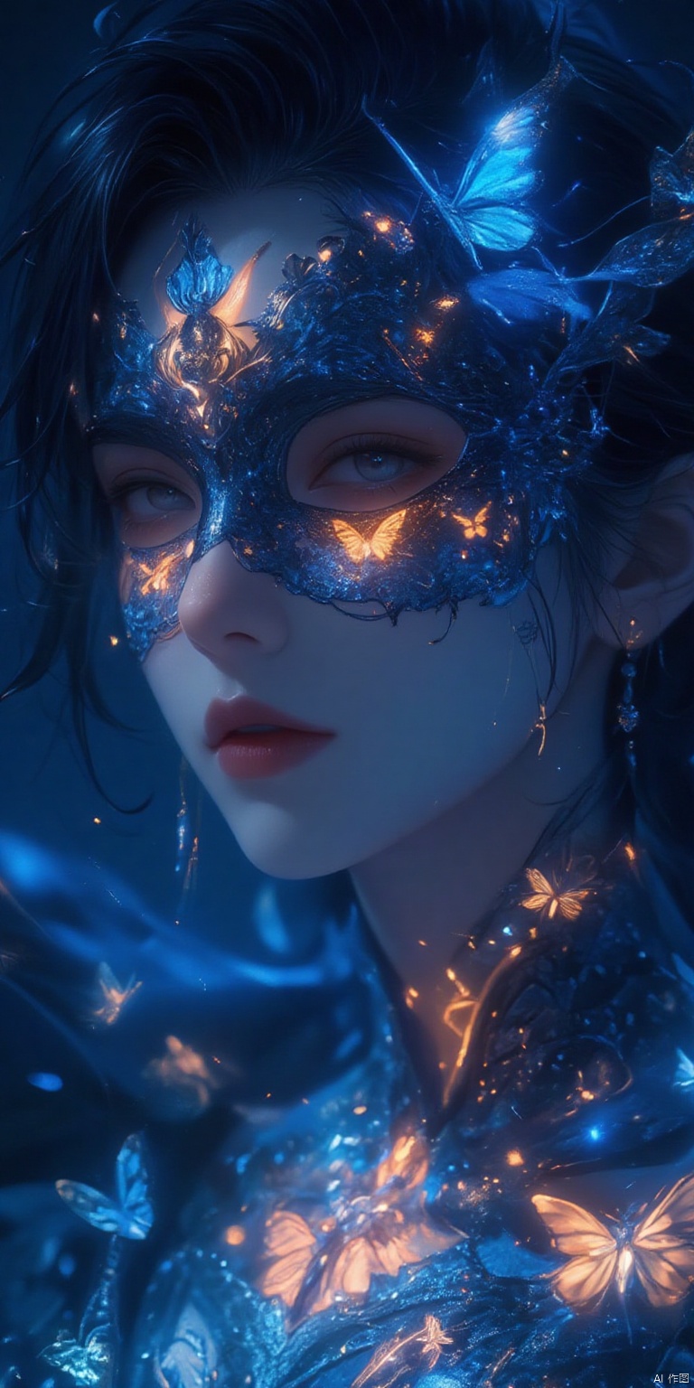 ,SJSC
Close-up of a woman's face, focusing on her right side, wearing an ornate, intricate masquerade mask that covers her eyes and upper nose. The mask is detailed with lace-like patterns, embedded with small glowing lights and tiny luminescent butterflies, primarily in blue and orange hues. The mask has an elaborate design that merges seamlessly with her skin, which is illuminated with bioluminescent patterns glowing in shades of blue and orange, covering her neck, shoulders, and chest. Her lips are slightly parted, showing a natural yet,1girl