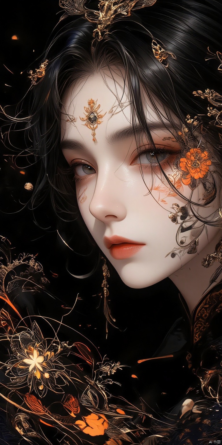 ,SJSC
(facepaint,face tattoos), Wet black and orange color inks line art dreamy female portrait with lot of lace filigrees on black canvas illustration described in the perfect fractal style of Vassily Kandinsky, bailing-traditional opera,chinese clothes,(masterpiece, top quality, best quality, official art, beautiful and aesthetic:1.2),1girl