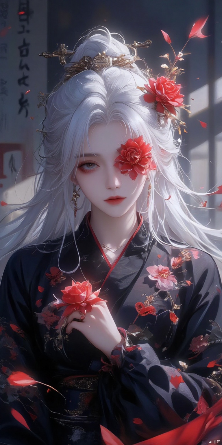 ,SJSC
A young Asian woman wearing a flower wreath,An Acrylic style painting that is expressive, gives it a dynamic and emotional quality.a woman with a ethereal red and blue mist surrounding her body. The mist creates a dramatic and surreal effect. A red flower, that is blooming, covering one eye, attached to the face. The woman has a cold aesthetic, complimented by her white hair. Anime art of woman draped in shadows with a lighting that enhances her sexy unique features. with a black kimono adorned with flowers. The background is blurred The background is a wall with Chinese characters written on it creating a stark contrast to the woman's outfit. filled with red rose petals.