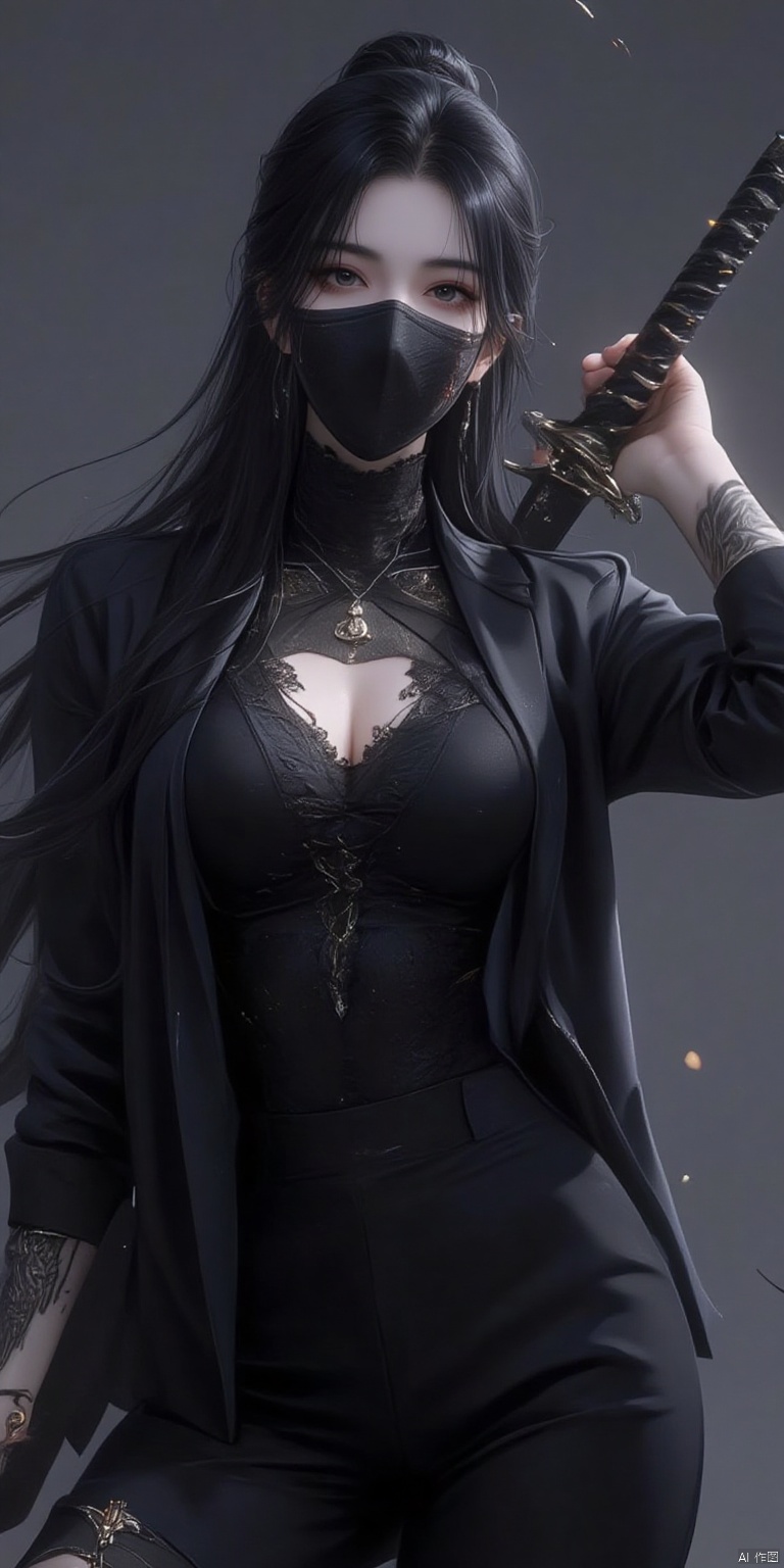,SJSC
a 3D rendering of a woman with long dark hair

wearing a black leather jacket and a black mask. She is holding a black sword in her right hand. Her left hand is raised in the air

while her right arm is bent at the elbow. She has a tattooed arm on her left arm. The background is a grayish-gray color.

