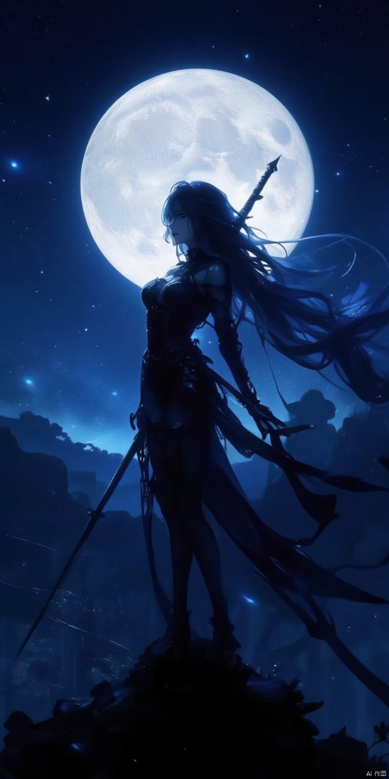 ,SJSC
a silhouette of a woman in a black dress

holding a sword

stands atop a dark structure. The woman's arms are stretched out in front of her

while her legs are bent at the knees. The silhouette of the woman is facing the viewer

with her head turned to the left. The scene is set against a backdrop of a full moon

which is glowing white. The sky is a deep blue

dotted with small white stars

adding a touch of contrast to the scene.

