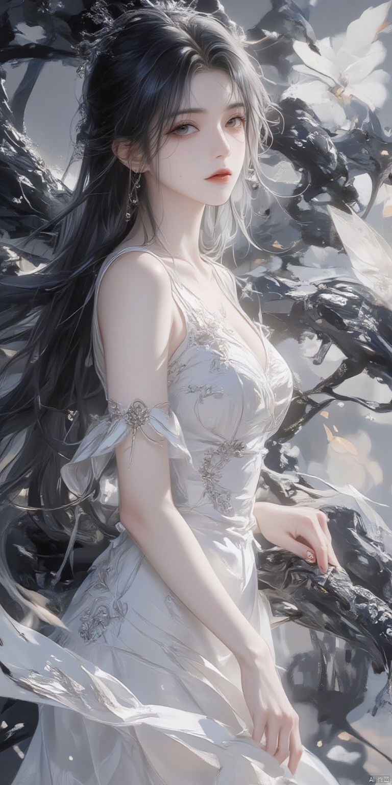 ,SJSC
Digital art,a woman in a white dress standing in front of a black and white painting. Her face is clearly visible,with her eyes looking off into the distance. Her hair is long and wavy,and her dress is flowing around her. The painting is intricate and detailed,with a variety of shapes and colors.,