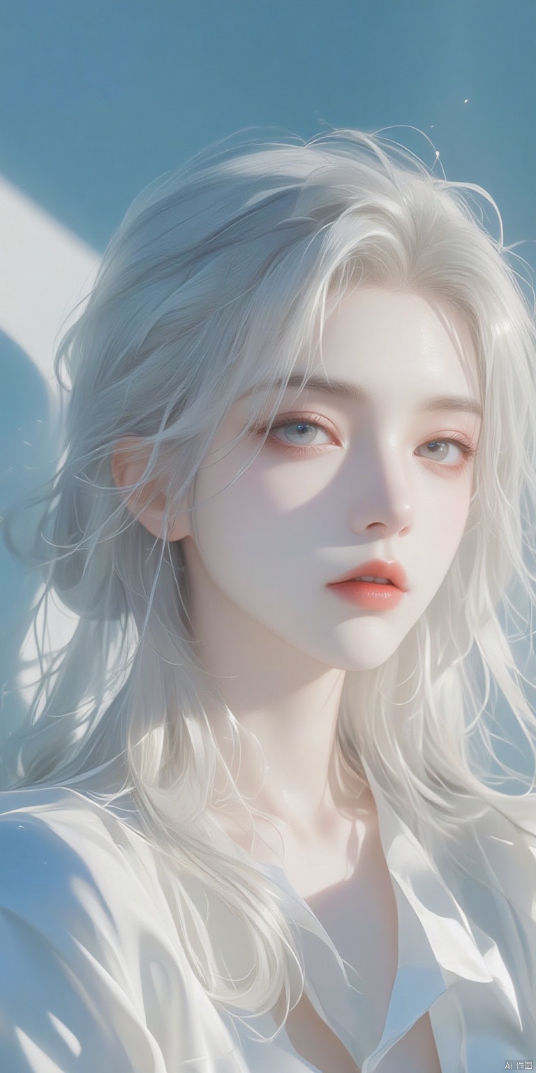 ,SJSC
a medium-angle shot of a woman's face is depicted in a close-up shot. The woman's eyes are a piercing blue and her long wavy blonde hair cascades over her shoulders. Her lips are a vibrant shade of pink adding a pop of color to the scene. The backdrop is a light blue creating a stark contrast to the woman's white skin. The shadow of the woman is cast on the left side of the image adding depth to the composition.