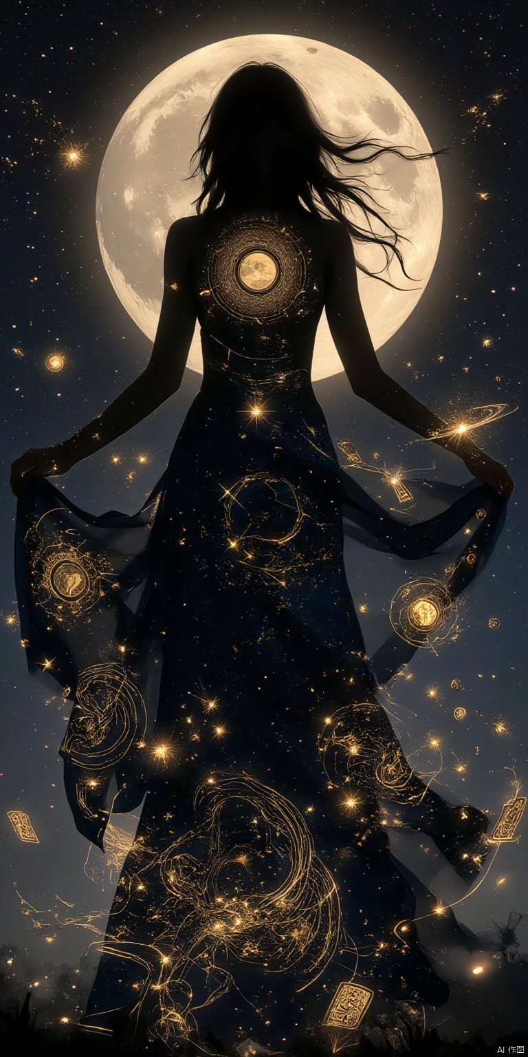XIESHI
Astrology Oracle Silhouette: Create a mystical silhouette incorporating zodiac elements. The woman's form should be adorned with astrological symbols, with her dress flowing into a star chart. Her hair could be a swirl of zodiac constellations. Within the silhouette, include subtle images of planetary bodies and astrological houses. The background should be a deep night sky with a prominent moon phase. Add tarot card imagery or mystical runes floating around her to enhance the divinatory atmosphere