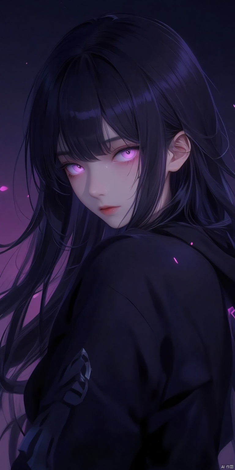,SJSC
An animated image of an anime girl with long black hair. The girl's eyes are glowing purple. Her hair is long and cascades down to her shoulders. She is wearing a black hoodie with white stripes on it. Her ears are sticking out of the side of her head. The background is a dark purple hue.


