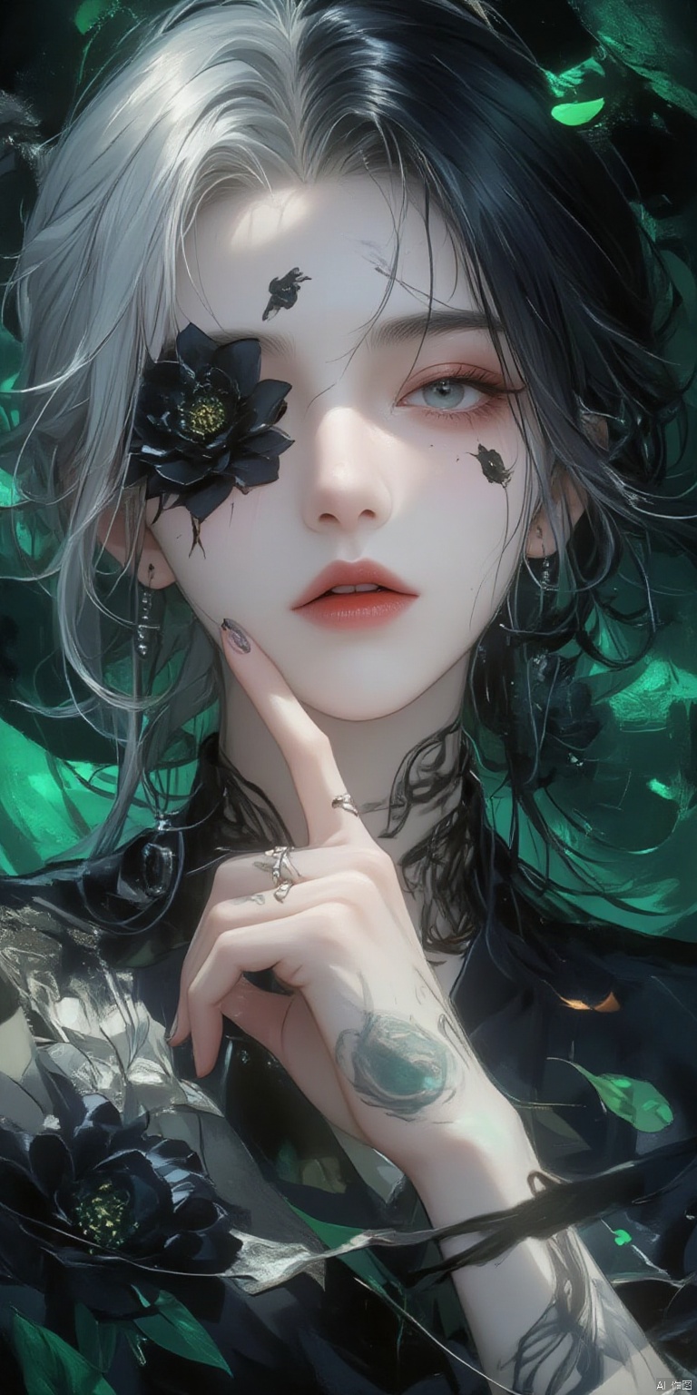 ,SJSC
watercolor style,An Acrylic style painting that is expressive,gives it a dynamic and emotional quality. Anime art of a stylized portrait of a woman with a ethereal black and green mist surrounding her body. The mist creates a dramatic and surreal effect. A black flower,that is blooming,covering one eye,attached to the face. The woman has a cold aesthetic,complimented by her white hair. Anime art of woman draped in shadows with a lighting that enhances her unique features. The background is dark green,filled with black rose petals. Holding finger to lips,shush,shushing motion,.,Winslow Homer style,