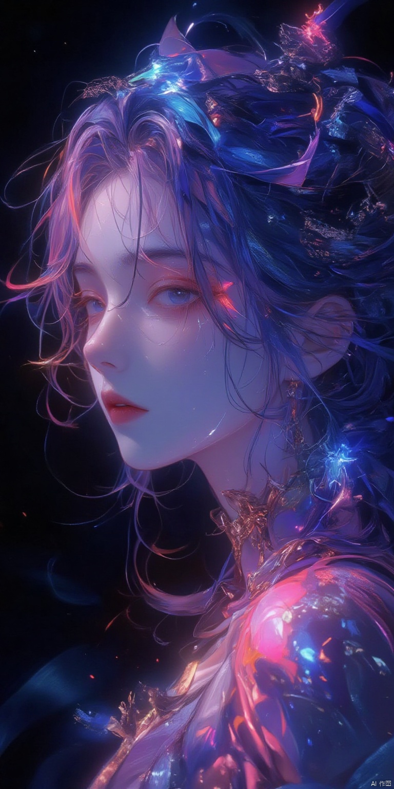 ,SJSC
Digital art,Official art,8k wallpaper,super detailed,beautiful and beautiful,masterpiece,best quality,(fractal art:1.3),lines,illustration,1 girl head,very detailed,bright colors,romanticism,dark background