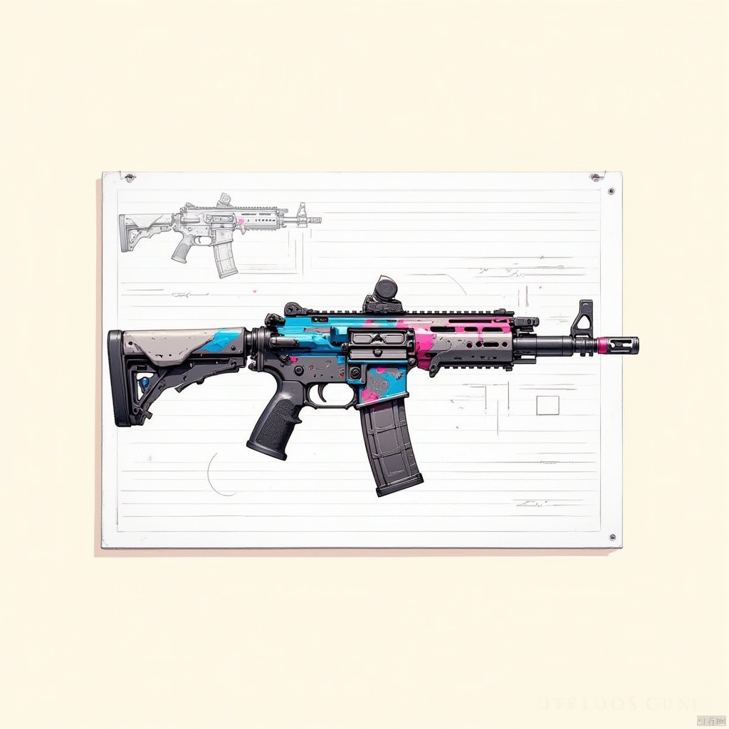 a detailed detailed illustration of an extended automatic rifle is displayed on a white lined paper. The rifle is adorned...