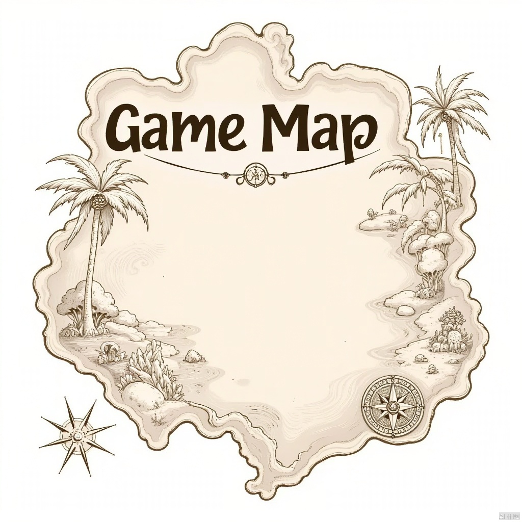 a detailed detailed detailed map is displayed against a stark white backdrop. The map features palm trees,  a compass,  an...