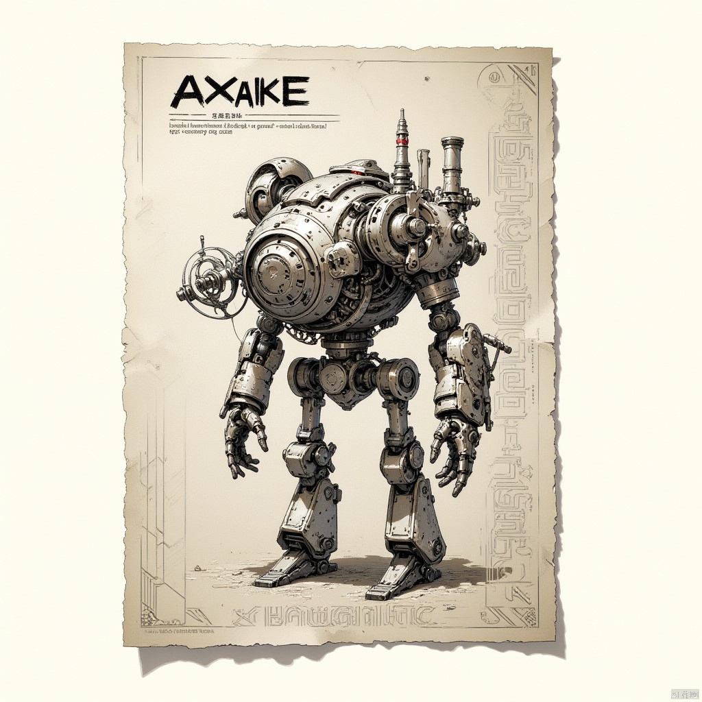 Captured on a white paper,  a detailed detailed illustration of a giant robot is displayed. The robot is made up of a vari...