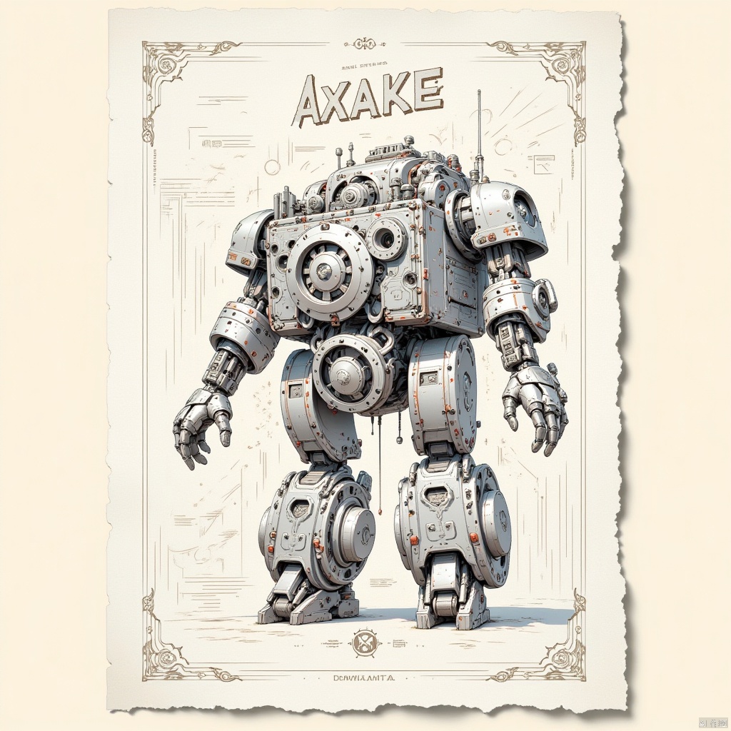 Captured on a white paper,  a detailed detailed illustration of a giant robot is displayed. The robot is made up of a vari...