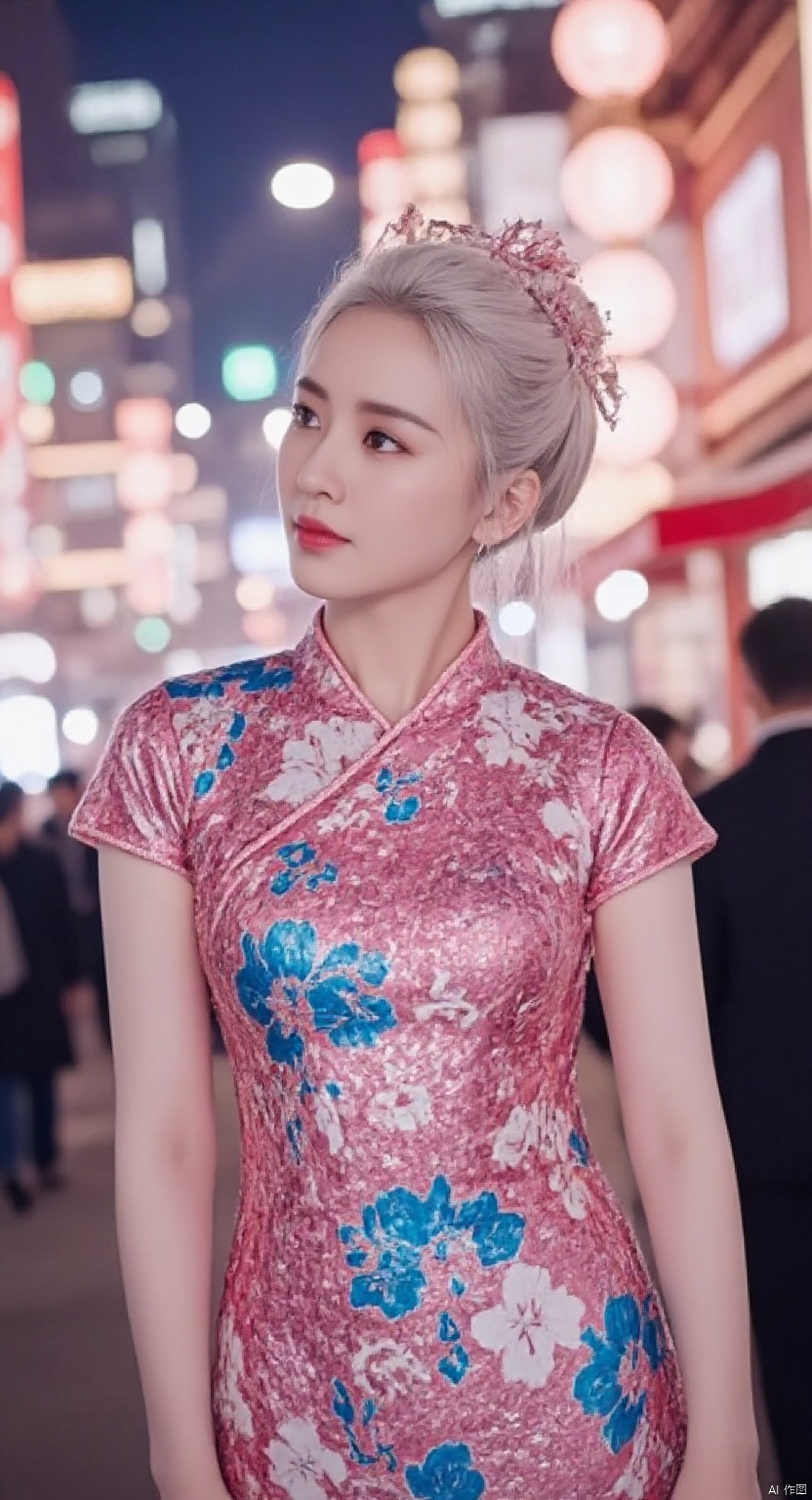 ,(an extremely delicate and beautiful),((masterpiece)), (((best quality))), ((ultra-detailed)), ((illustration)),((solo)),((((a girl)))),(beautiful detailed girl),(((cheongsam))),((((((arms_behind_back)))))) ,red eyes,((((beautiful detailed eyes)))),white hair,spring festival,(((chinese new year))),(((snow))),((lunar new year)),firecracker,Temple Fair,((busy street)),(detailed fireworks), finely detail,(firecracker),((the best building)),(((best shadow))),many people,(Flying snowflakes)detailed flowers)) ,((multicolored flowers)),(flowers_Surrounded),(Butterfly_Surrounded)(((Flowers fill the screen))),((Fill the screen)),meinvzi