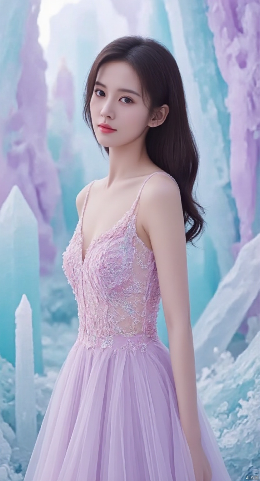 of a young Asian woman standing amidst a surreal, ethereal setting. The image is a hyperrealistic digital artwork, showcasing a young woman with fair skin and long, wavy brown hair cascading down her back. She stands with a slight turn to her right, gazing directly at the viewer with a serene expression. Her attire is a pastel-colored, sleeveless dress with a fitted bodice adorned with delicate lace and a flowing, voluminous skirt that transitions from pastel pink at the top to soft lavender at the bottom, creating a gradient effect. The dress adds a touch of elegance and whimsy to her appearance. The background is a fantastical landscape composed of crystalline structures in pastel shades of blue, purple, and pink, resembling a dreamy, otherworldly ice cave. The crystals are intricately detailed, adding a sense of enchantment to the scene. The overall atmosphere is serene and ethereal, with soft lighting enhancing the dreamlike quality of the artwork. The young woman's delicate features and the surreal, crystalline environment create a harmonious and mesmerizing visual composition., ,meinvzi