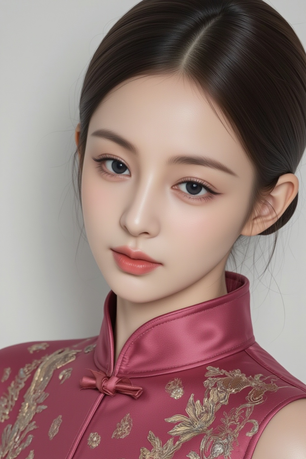 A high-resolution,  studio-quality portrait of a stunning East Asian woman with porcelain skin and sleek black hair styled...