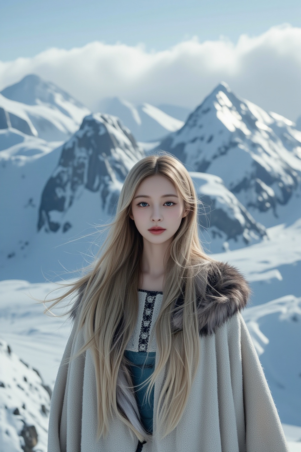 A cinematic wide-angle shot of a beautiful Scandinavian woman standing atop a snowy mountain,  her long,  blonde hair flow...