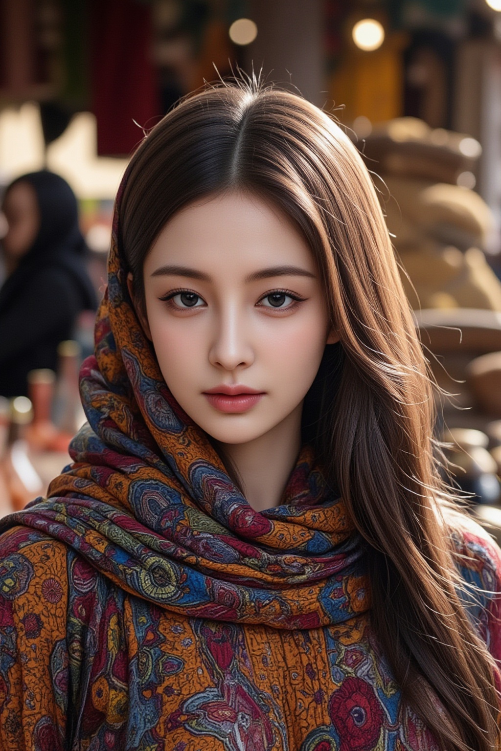 A high-quality photo of a beautiful Middle Eastern woman,  her deep brown eyes framed by a vibrant,  intricately patterned...