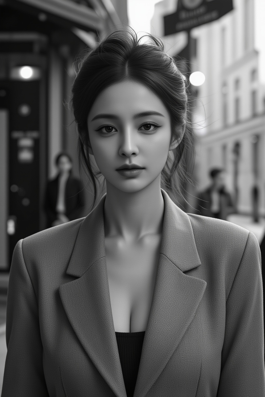 A high-resolution,  black-and-white portrait of a beautiful French woman with short,  tousled hair and a sharp on Tensor.Art