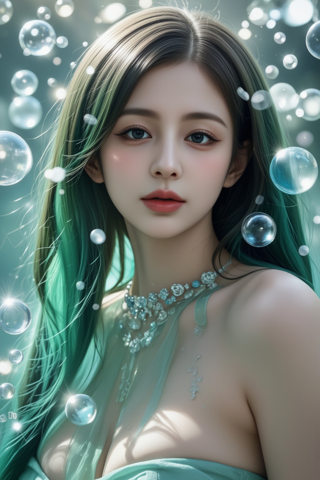 a woman with green hair is surrounded by bubbles,  inspired by Yanjun Cheng,  fantasy art on Tensor.Art