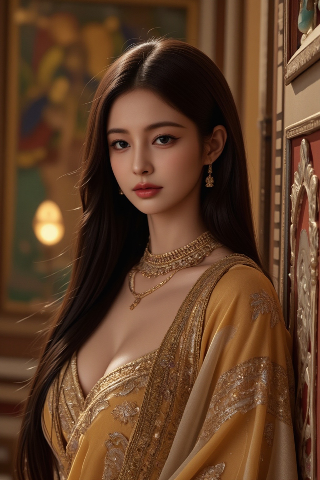 A cinematic portrait of a striking Indian woman,  her long,  jet-black hair adorned with gold jewelry and a traditional sa...