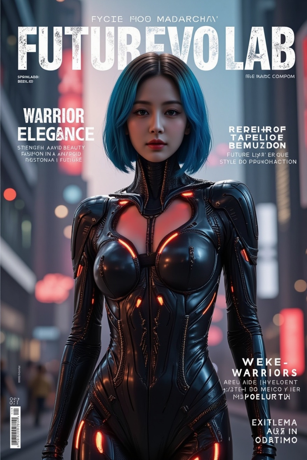 A dynamic magazine cover featuring a female android in sleek,  matte black armor,  designed for both combat and style. Her...
