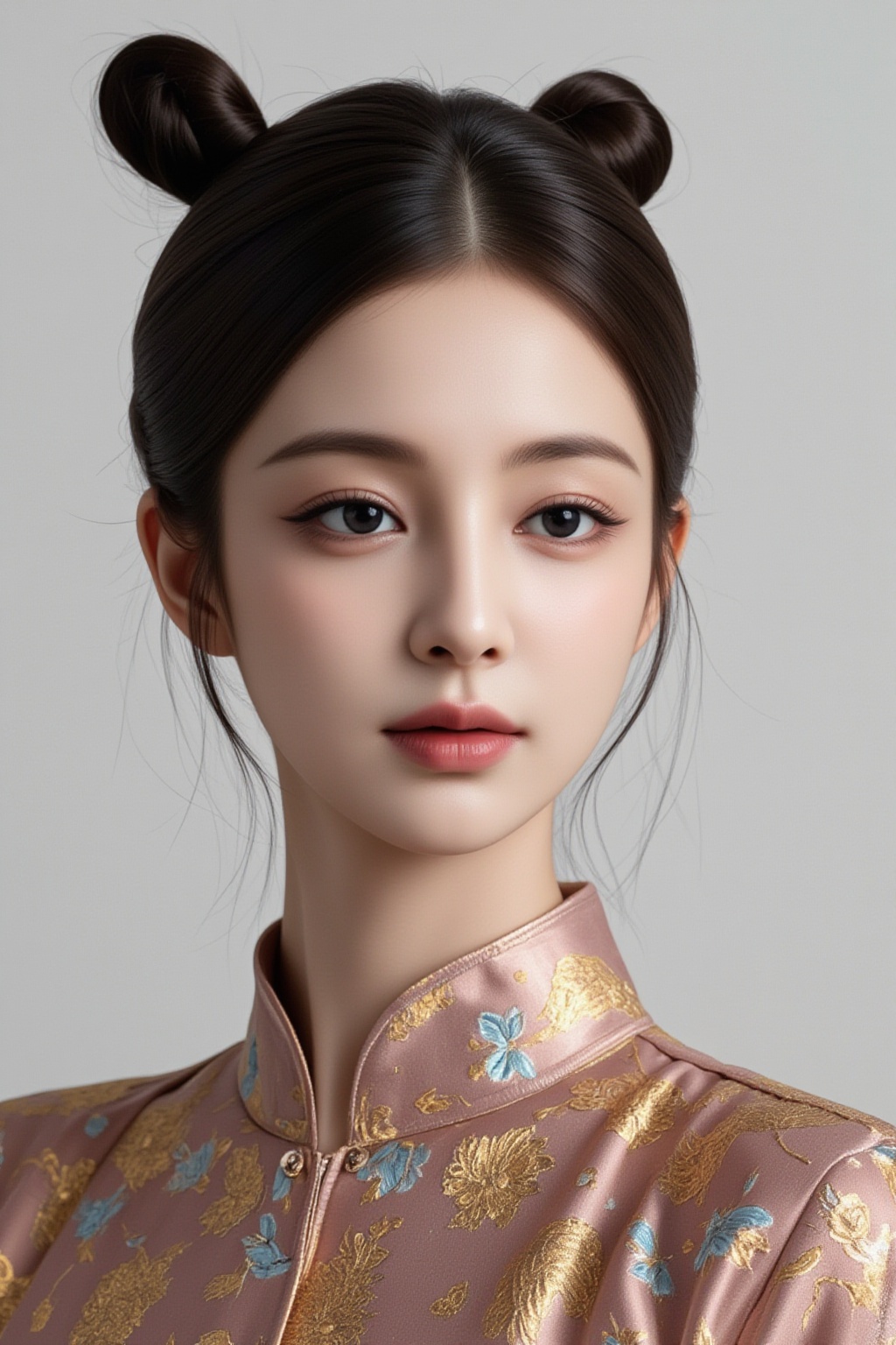 A high-resolution,  studio-quality portrait of a stunning East Asian woman with porcelain skin and sleek black hair styled...