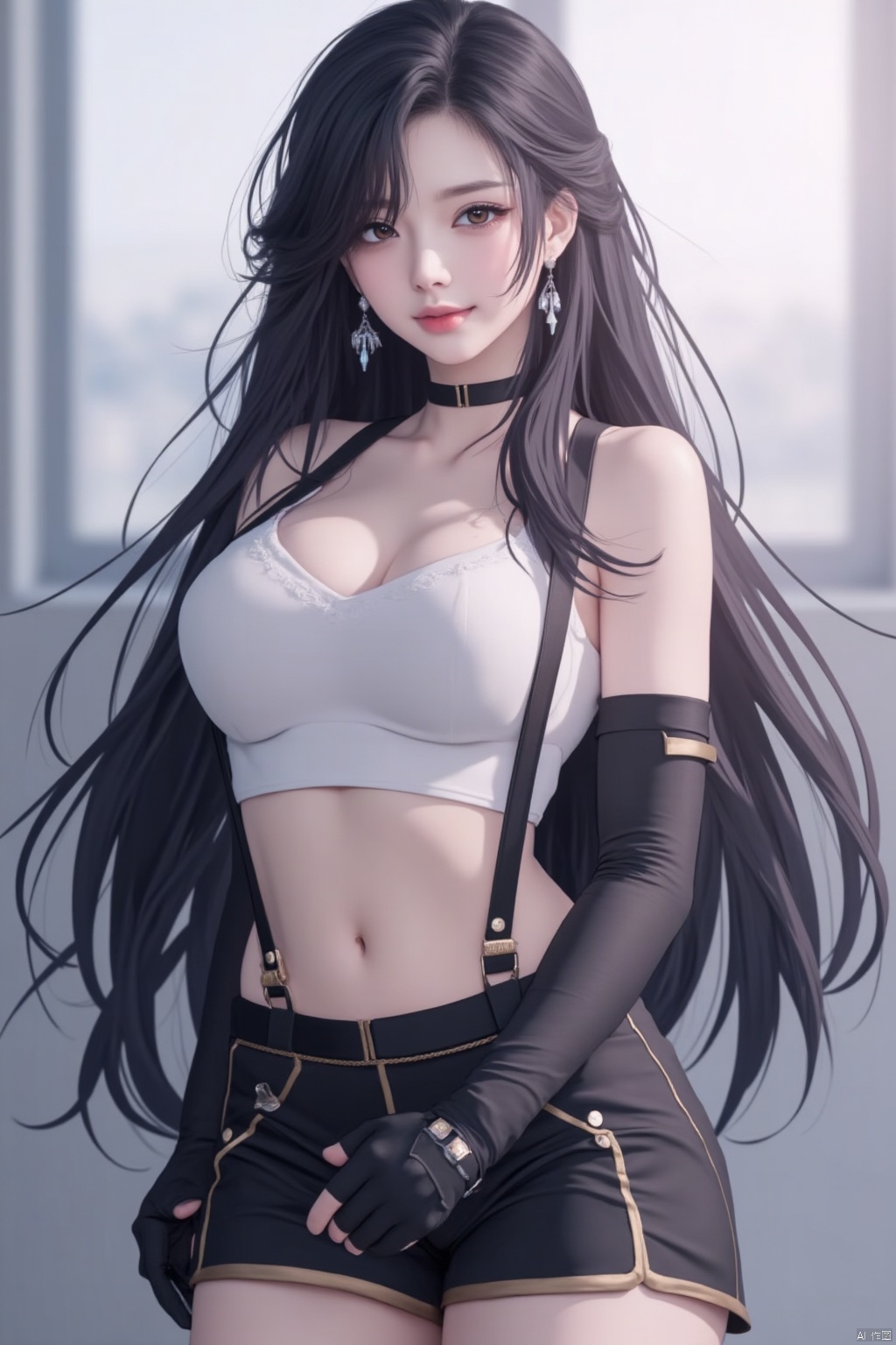 1girl, solo, long hair, breasts, looking at viewer, smile, bangs, skirt, shirt, black hair, gloves, navel, bare shoulders, brown eyes, jewelry, closed mouth, earrings, shorts, black gloves, elbow gloves, midriff, belt, fingerless gloves, blurry, lips, crop top, blurry background, swept bangs, suspenders, low-tied long hair, suspender skirt, white top, elbow pads, dangle earrings, tifa lockhart,TT