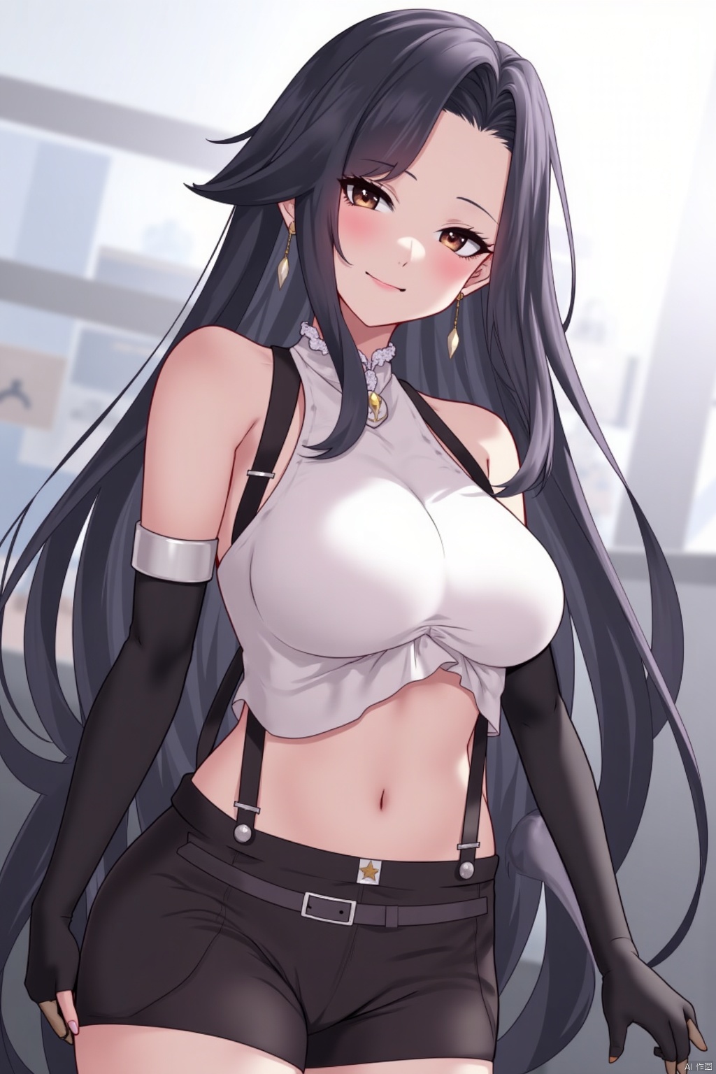 1girl, solo, long hair, breasts, looking at viewer, smile, bangs, skirt, shirt, black hair, gloves, navel, bare shoulders, brown eyes, jewelry, closed mouth, earrings, shorts, black gloves, elbow gloves, midriff, belt, fingerless gloves, blurry, lips, crop top, blurry background, swept bangs, suspenders, low-tied long hair, suspender skirt, white top, elbow pads, dangle earrings, tifa lockhart,TT