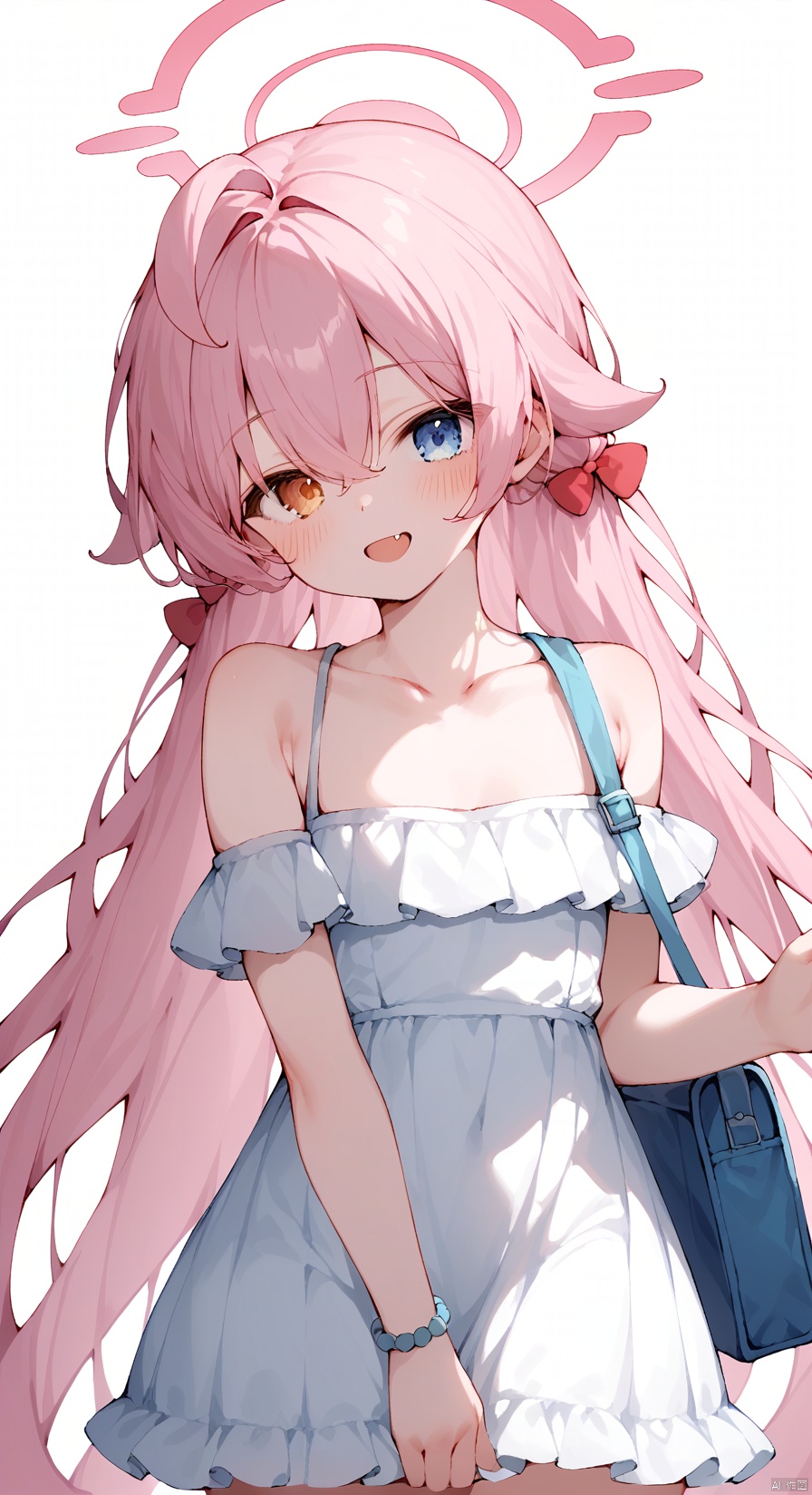 (score_9,score_8_up,score_7_up), 1girl,solo,(masterpiece:1.3),( beautiful:1.2),(high quality:1.2),(finely detailed:1.2),extremely detailed CG unity 8k wallpaper,best quality,a very delicate and beautiful,perfect fingers,1girl, solo, long hair, looking at viewer, blush, smile, open mouth, bangs, blue eyes, simple background, white background, dress, hair between eyes, bare shoulders, very long hair, collarbone, yellow eyes, pink hair, ahoge, frills, fang, bag, white dress, orange eyes, heterochromia, halo, frilled dress, hoshino \(blue archive\), hoshinoBA, 