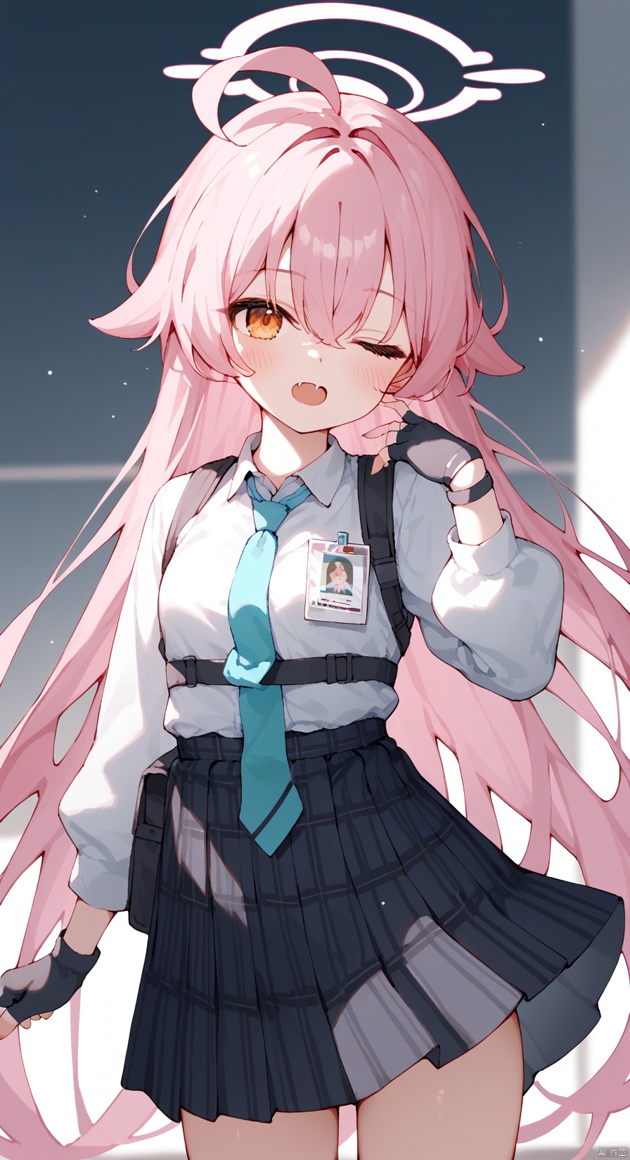 (score_9,score_8_up,score_7_up), 1girl,solo,(masterpiece:1.3),( beautiful:1.2),(high quality:1.2),(finely detailed:1.2),extremely detailed CG unity 8k wallpaper,best quality,a very delicate and beautiful,perfect fingers,1girl, solo, long hair, looking at viewer, blush, open mouth, bangs, skirt,  shirt, gloves, long sleeves, hair between eyes, very long hair, white shirt, pink hair, ahoge, cowboy shot, pleated skirt, one eye closed, necktie, black gloves, fang, collared shirt, hand up, fingerless gloves, black skirt, orange eyes, gun, plaid, halo, plaid skirt, blue necktie, id card, ;o, hoshino \(blue archive\), hoshinoBA, 