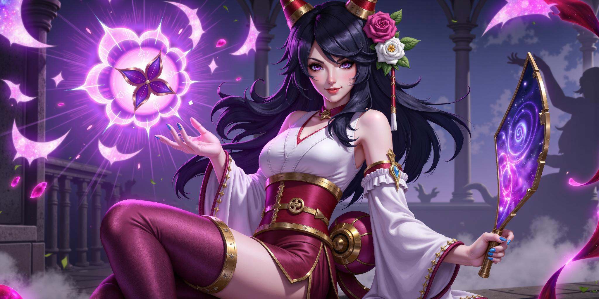 hezi,lol style,Splash art,Cool,game art,Game art,LOL propaganda poster texture,1girl,hair ornament,holding,monster girl,kimono,japanese clothes,lamia,hair flower,breasts,long hair,black hair,bangs,flower,solo,hand fan,looking at viewer,glowing,long sleeves,large breasts,glowing eyes,hand up,smoke,wide sleeves,purple eyes,indoors,pink eyes,mermaid,detached sleeves,fingernails,holding fan,sitting,ghost,sharp fingernails,parted lips,scales,colored skin,horns,artist name,night,official alternate costume,snake,solo focus,jewelry,closed mouth,purple lips,medium breasts,petals,smoking pipe,bare shoulders,claws,animal,alternate costume,obi,smile,outdoors,hair stick,teeth,magic,long fingernails,sash,purple hair,comb,shiny,mole,folding fan,