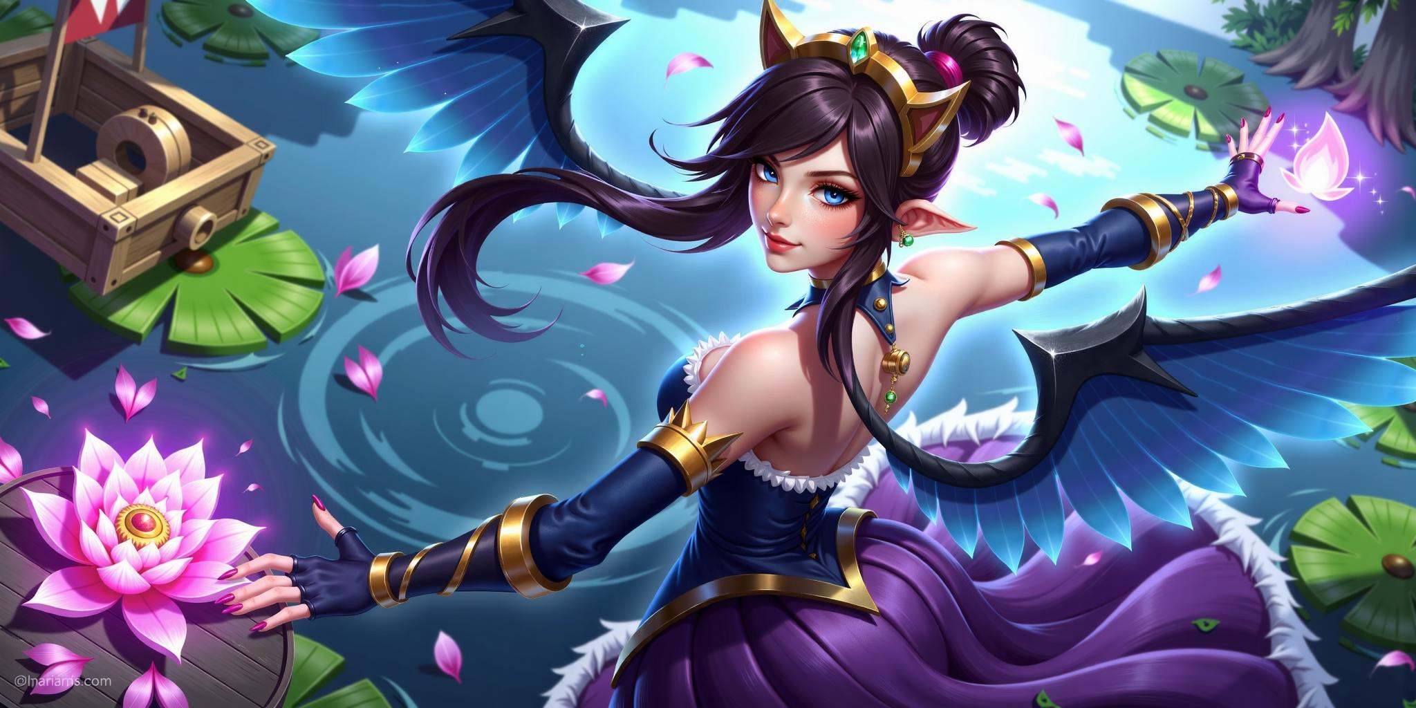 hezi, lol style, Splash art, Cool, game art, Game art, LOL propaganda poster texture, 1girl, dress, pointy ears, wings, breasts, purple dress, water, magic, long hair, detached sleeves, lily pad, bare shoulders, medium breasts, jewelry, black hair, circlet, tiara, solo, feathered wings, bridal gauntlets, backless outfit, cleavage, elf, backless dress, blue eyes, looking at viewer, flower, fire, hair ornament, blue wings, lips, petals, glowing, earrings, artist name, from above, parted lips, standing, blue dress, solo focus, outdoors, brown hair, makeup, nail polish, closed mouth, low wings, bare back, feathers, outstretched arms, purple nails, eyeshadow, nose, single hair bun, fingernails, black wings, back, ripples, halterneck, hair bun, green eyes, long sleeves, feather trim, lotus, watercraft, looking back, fantasy, headpiece, bangs, purple flower, from behind, signature, strapless dress, large breasts, watermark, half-closed eyes, detached collar, boat, web address, ponytail, gem, black dress, strapless, puffy sleeves, lipstick, night