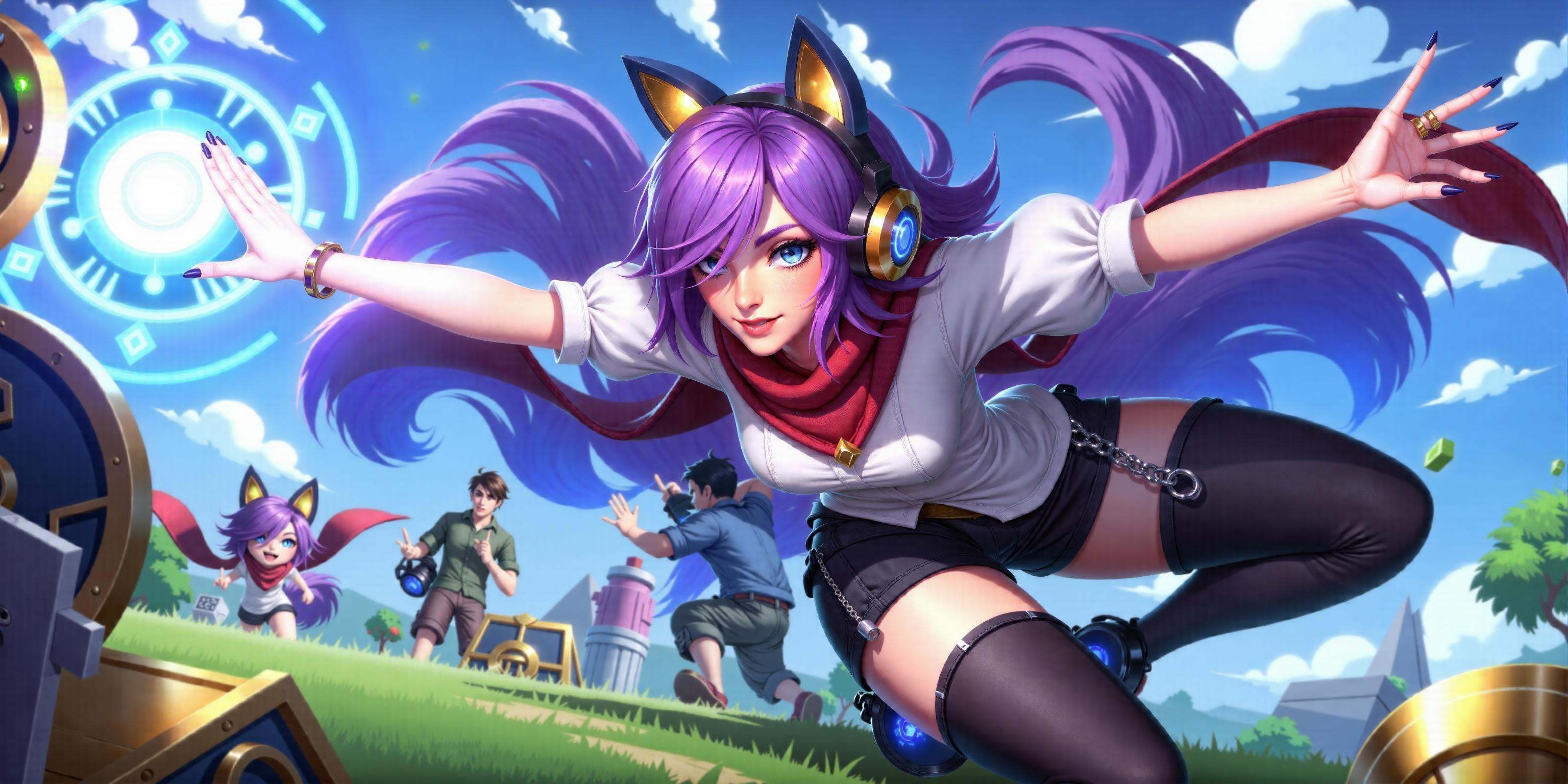 hezi, lol style, Splash art, Cool, game art, Game art, LOL propaganda poster texture, coin, 1girl, red scarf, ahri \(league of legends\), tail, bracelet, fox tail, animal ears, short sleeves, jewelry, nail polish, shorts, purple hair, headphones, blue eyes, joystick, scarf, alternate costume, mole, multiple tails, grass, thighhighs, hair over one eye, smile, fox ears, looking at viewer, shirt, black shorts, puffy short sleeves, purple nails, outdoors, puffy sleeves, mole under eye, white shirt, short hair, long hair, bangs, controller, alternate hair color, closed mouth, glowing, bangle, hood, dutch angle, game controller, swept bangs, signature, all fours, solo focus, solo, breasts, red cape, black nails, single thighhigh, day, shoes, magic, asymmetrical legwear, treasure chest, weapon, sky, striped, mismatched legwear, short shorts, cloud, official alternate costume, fake animal ears, speaker, running, gem, parted lips, on ground, fingernails, mask, ring, heart, medium breasts, glint, small breasts, lips, instrument, looking to the side, from side, cape, multiple boys, blue hair, standing, electricity, health bar, blue sky, alternate hairstyle, helmet, kneeling, bag, dice, hood up, artist name