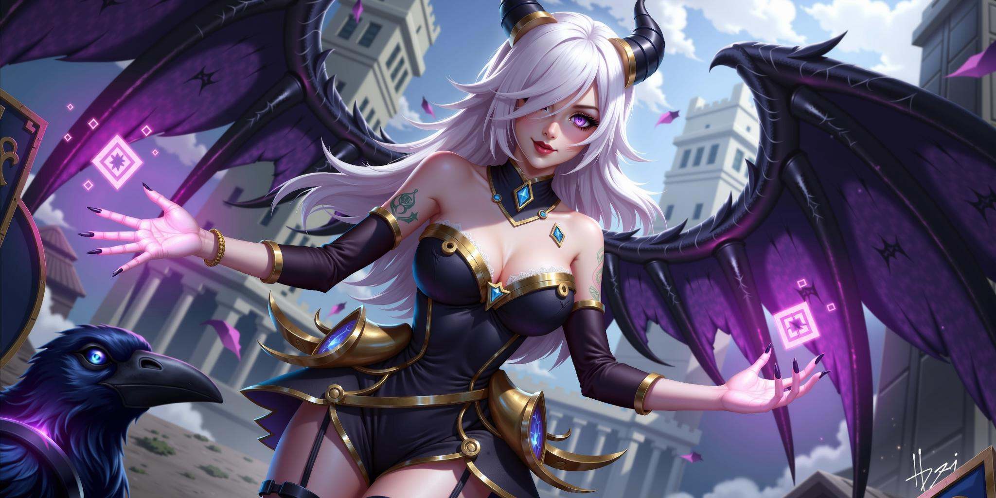 hezi, lol style, Splash art, Cool, game art, Game art, LOL propaganda poster texture, 1girl, solo, long hair, breasts, dress, blonde hair, bare shoulders, glowing, cleavage, detached sleeves, pale skin, magic, white hair, hair over one eye, alternate costume, thighhighs, black dress, artist name, closed mouth, medium breasts, looking at viewer, bangs, red lips, large breasts, bird, fingernails, feathers, jewelry, standing, hair ornament, long sleeves, gem, cowboy shot, signature, crow, sharp fingernails, closed eyes, glowing eyes, black wings, horns, armor, lipstick, pointy ears, claws, blue eyes, tattoo, staff, clothing cutout, parted lips, makeup, facial mark