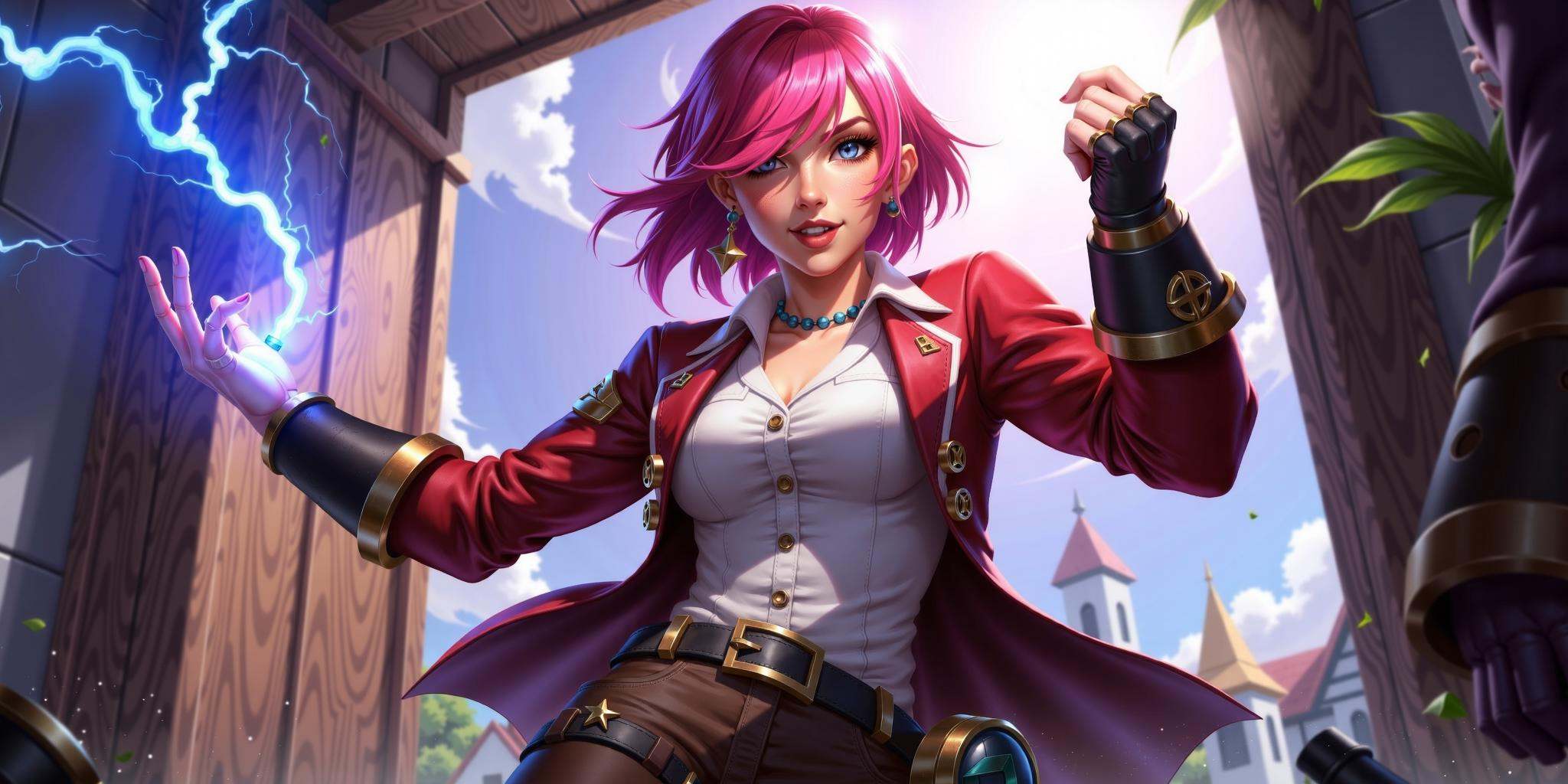 hezi,lol style,Splash art,Cool,game art,Game art,LOL propaganda poster texture,vi \(league of legends\),striped pants,nose piercing,pants,red jacket,1girl,jacket,short hair,solo,bangs,striped,facial tattoo,piercing,open jacket,open clothes,character name,weapon,breasts,red hair,blurry,tattoo,blurry background,teeth,belt,shirt,gauntlets,hair over one eye,pink hair,ear piercing,looking at viewer,medium breasts,solo focus,***,eyebrow cut,brown pants,collarbone,white shirt,open mouth,parted lips,2girls,scar,neck tattoo,freckles,red lips,grey shirt,cowboy shot,clenched hand,long hair,electricity,multiple girls,small breasts,black pants,jewelry,depth of field,swept bangs,earrings,facial mark,long sleeves,tongue,clenched hands,holding,smile,artist name,hood,