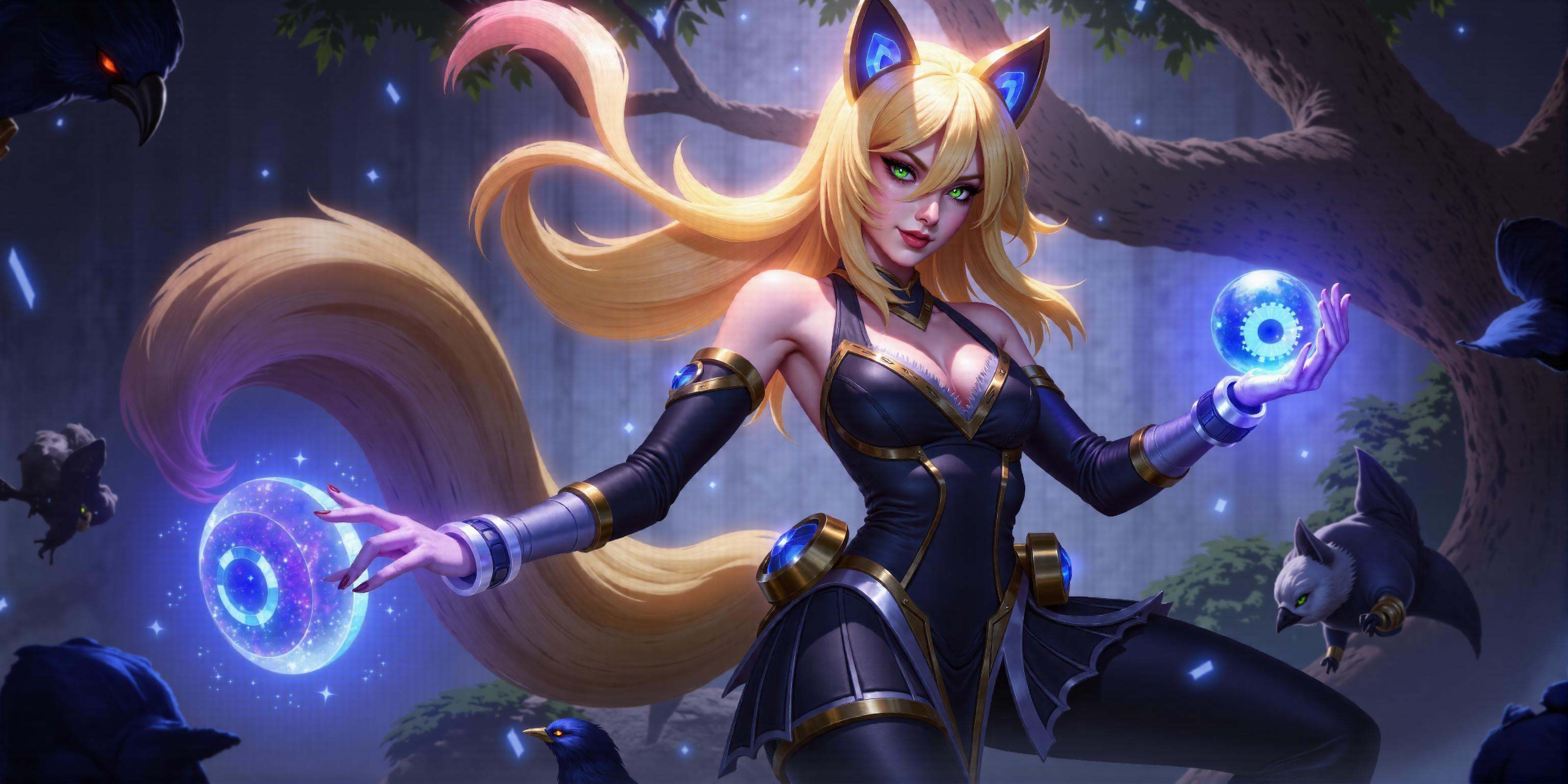 hezi,lol style,Splash art,Cool,game art,Game art,LOL propaganda poster texture,1girl,long hair,animal ears,breasts,magic,bangs,bare shoulders,dress,outdoors,blonde hair,fox ears,ahri \(league of legends\),tail,fox tail,hair over one eye,solo focus,bird,medium breasts,armor,cleavage,tree,smile,glowing,black dress,multiple others,gem,detached sleeves,night,looking at viewer,red lips,long sleeves,orb,nature,forest,weapon,alternate costume,closed mouth,helmet,pants,cowboy shot,pink eyes,solo,multiple tails,blue eyes,official alternate costume,green eyes,standing,facial mark,green hair,dark,fox girl,large breasts,crow,sword,lipstick,makeup,animal,helm,1other,purple lips,2others,one eye covered,energy ball,black pants,glowing eyes,lips,whisker markings,breastplate,