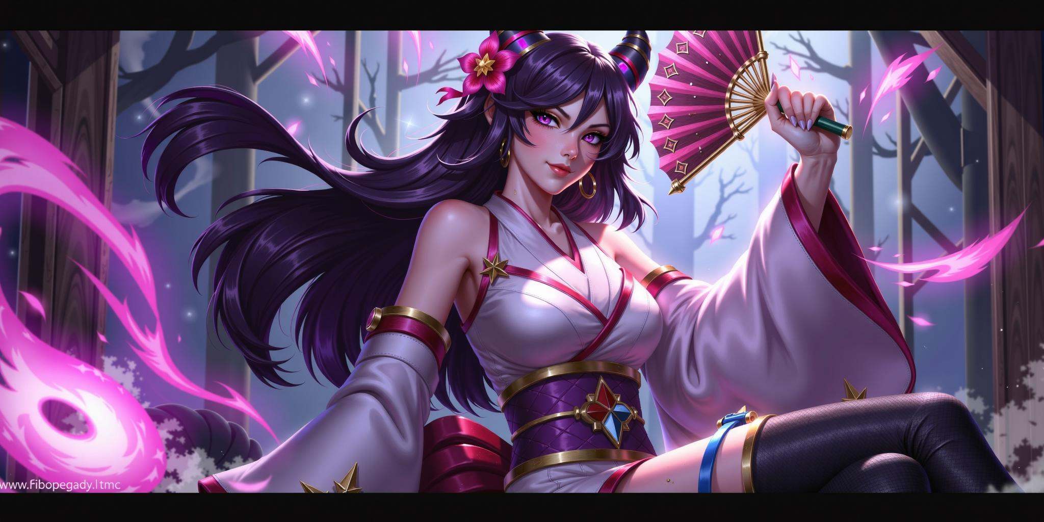 hezi, lol style, Splash art, Cool, game art, Game art, LOL propaganda poster texture, 1girl, hair ornament, holding, monster girl, kimono, japanese clothes, lamia, hair flower, breasts, long hair, black hair, bangs, flower, solo, hand fan, looking at viewer, glowing, long sleeves, large breasts, glowing eyes, hand up, smoke, wide sleeves, purple eyes, indoors, pink eyes, mermaid, detached sleeves, fingernails, holding fan, sitting, ghost, sharp fingernails, parted lips, scales, colored skin, horns, artist name, night, official alternate costume, snake, solo focus, jewelry, closed mouth, purple lips, medium breasts, petals, smoking pipe, bare shoulders, claws, animal, alternate costume, obi, smile, outdoors, hair stick, teeth, magic, long fingernails, sash, purple hair, comb, shiny, mole, folding fan