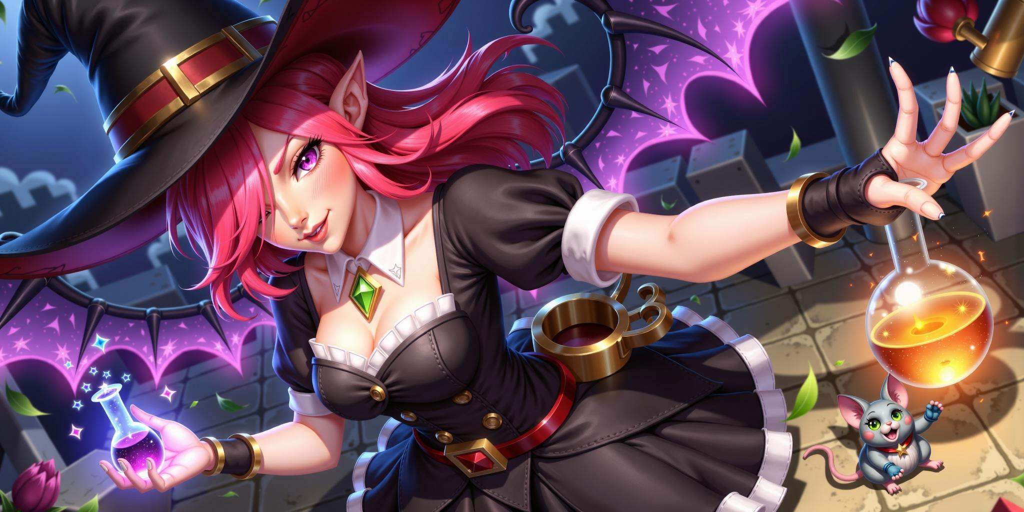 hezi, lol style, Splash art, Cool, game art, Game art, LOL propaganda poster texture, 1girl, breasts, hat, cleavage, pointy ears, potion, dress, puffy short sleeves, puffy sleeves, large breasts, hair over one eye, solo, short sleeves, wings, black dress, witch hat, long hair, magic, red hair, cat, alternate costume, bangs, pink hair, smile, witch, glowing, black headwear, jewelry, vial, holding, flask, parted lips, official alternate costume, medium breasts, looking at viewer, teeth, animal, gloves, belt, fire, creature, gem, outdoors, from above, hand up, flower, mouse, test tube, red lips, red eyes, short hair, plant, pink eyes, claws, artist name, glowing eyes, night, smoke, staff
