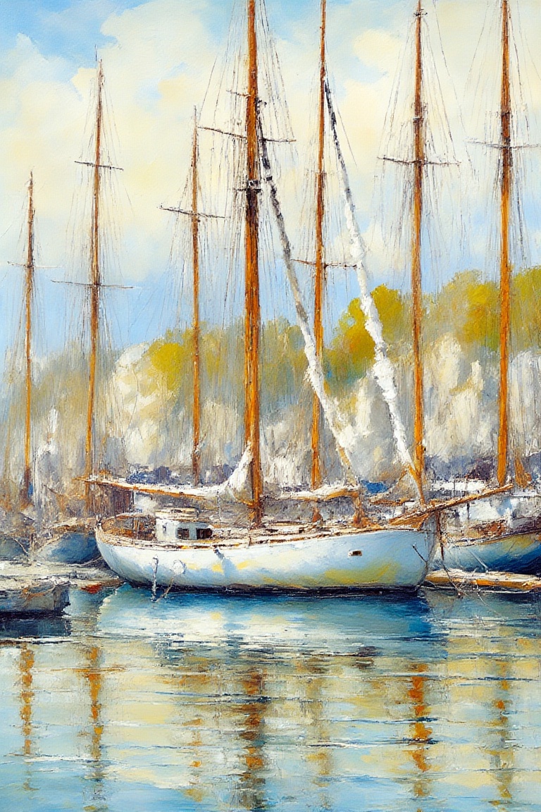 A Ukiyo-e style watercolor painting of a ketch sailboat moored in a calm harbor. The scene is depicted with bold outlines...