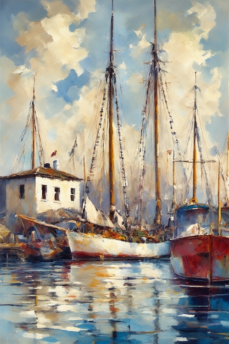 A Mexican style watercolor painting of a ketch sailboat moored in a calm harbor. The scene is characterized by bold colors...