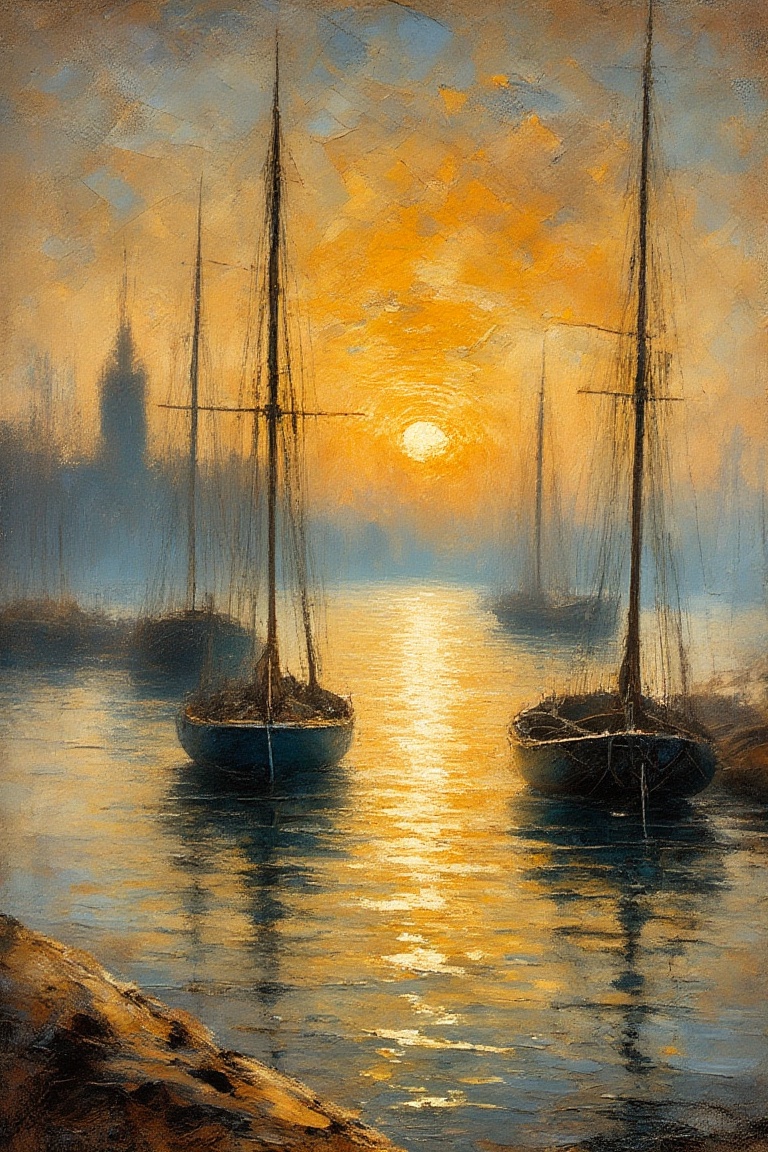 "An Art Nouveau style oil painting featuring a peaceful harbor scene. The artwork includes fine ink lines,  liquid ink eff...