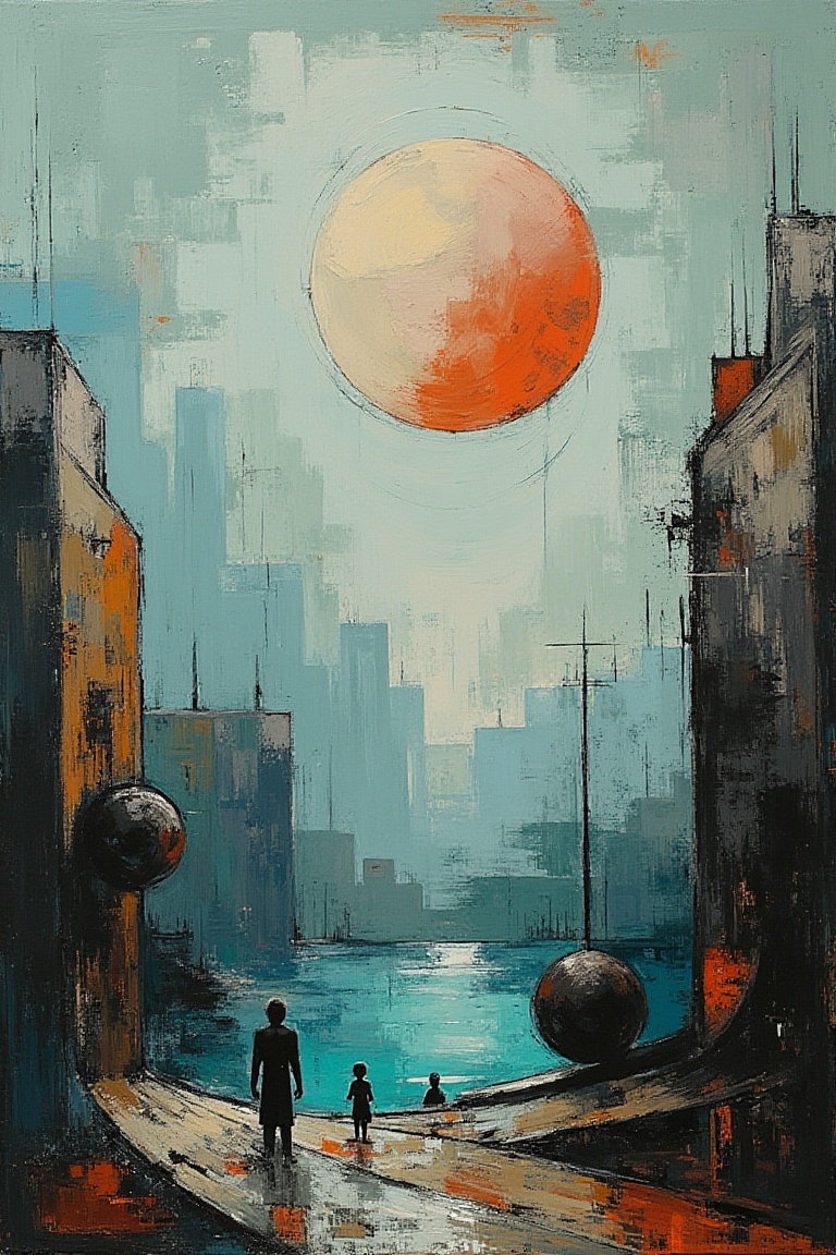 "Create an abstract,  impressionistic scene with a selective focus on a massive waxing moon floating on the horizon,  usin...