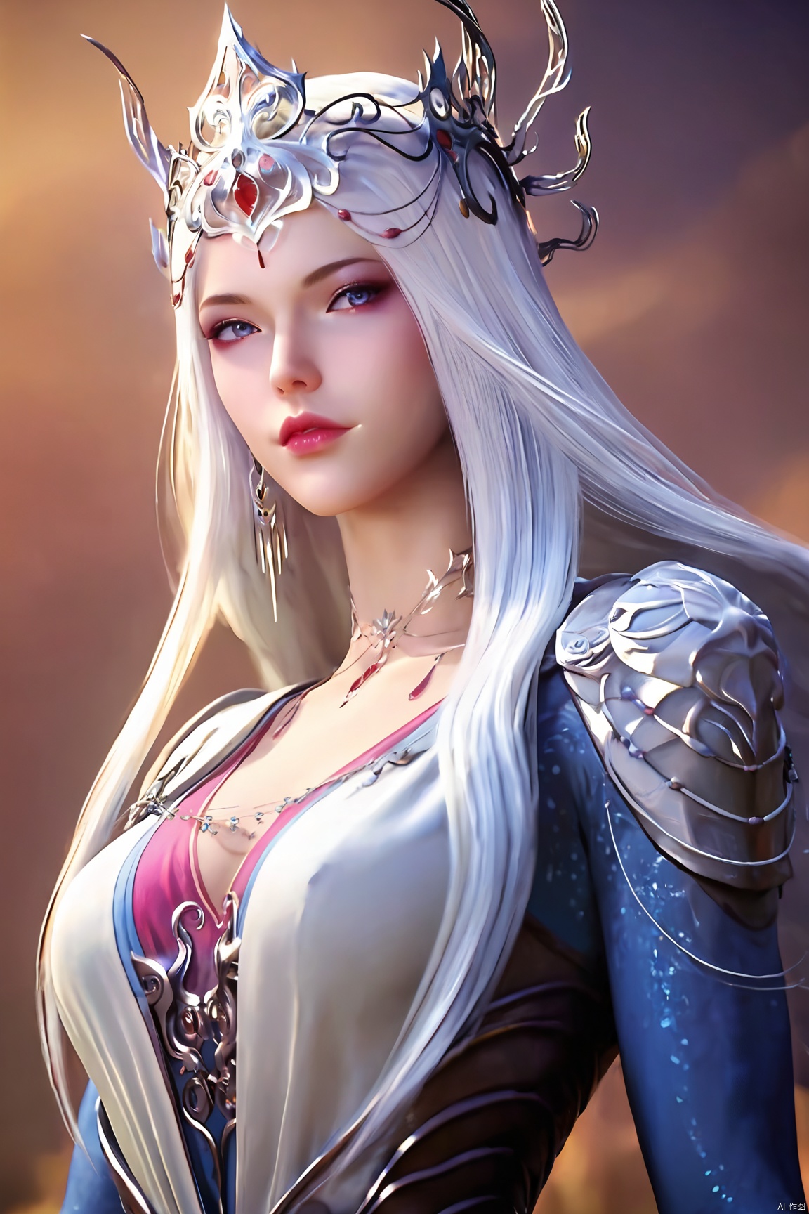 score_9,score_8_up,score_7_up,BSX,1girl, solo, long hair, breasts, looking at viewer, blue eyes, dress, jewelry, upper body, white hair, armor, lips, makeup, tiara
