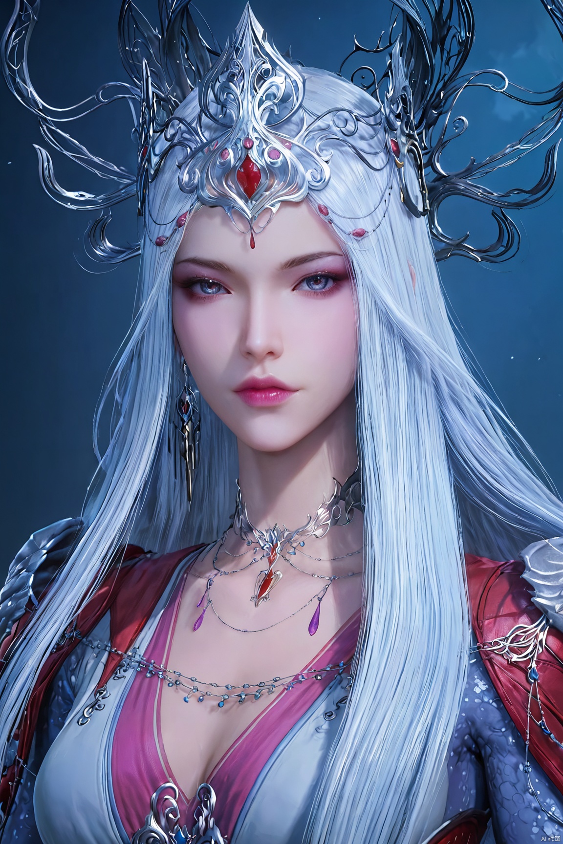 score_9,score_8_up,score_7_up,BSX,1girl, solo, long hair, breasts, looking at viewer, blue eyes, dress, jewelry, upper body, white hair, armor, lips, makeup, tiara
